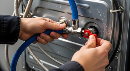 Hands connecting water supply hose with red valve to washing machine for home appliance installation or repair