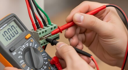 Electrician's hands using a digital multimeter to test electrical wiring and connections on a terminal block, demonstrating precise voltage measure...