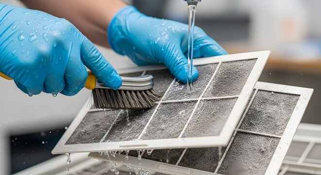 Person in blue gloves cleaning a heavily soiled air conditioner filter with a brush and running water, highlighting essential home appliance mainte...