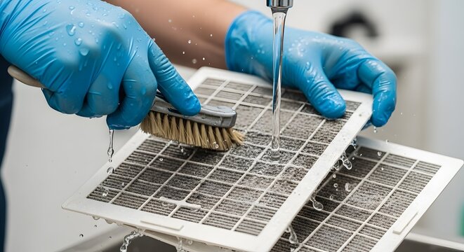 Hands in Blue Gloves Washing Dirty Air Conditioner Filters with a Brush Under Running Water for Home Maintenance