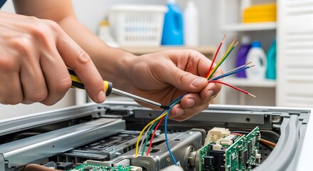 Hands of a technician repairing a home appliance, connecting colorful electrical wires with a screwdriver to electronic circuits