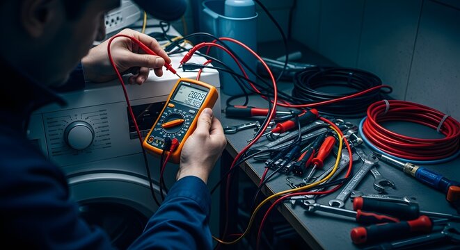 Skilled technician's hands using a digital multimeter to test and repair an electrical appliance, surrounded by wires and workshop tools.