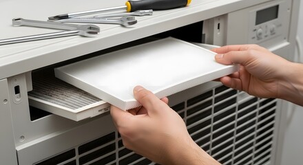 Hands Replacing Clean Air Filter in Air Conditioning Unit for Optimal Indoor Air Quality and Appliance Efficiency