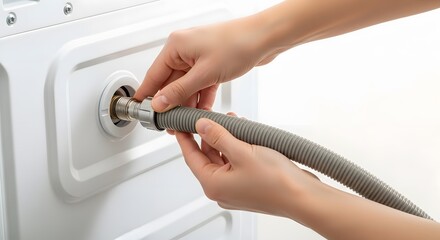 Hands Attaching Corrugated Drain Hose to Back of White Washing Machine During Home Appliance Installation and Setup