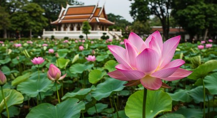 Pink lotus flower blooms in a serene garden with a traditional building