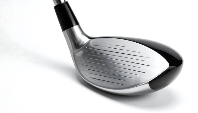Close-up of a golf club head, showcasing its metallic face and dark accents, against a white backdrop. Angle highlights the club's design