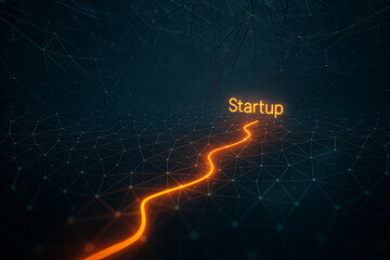 A glowing path illustrating the startup journey on a tech background