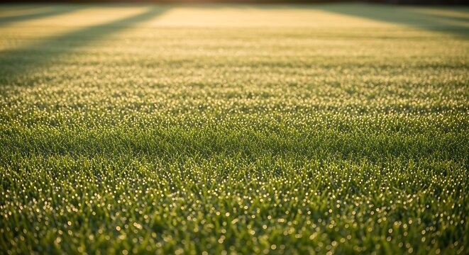 Sunlit grassy expanse with dew droplets glistering across surface