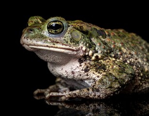 Fototapeta premium Close-up of a green and brown toad with textured skin, large eyes, and a detailed surface, set against a black backdrop