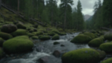 background blurred A mountain stream cutting through mossy rocks, pine trees on both sides, cloudy sky above, early evening, soft overcast light, 50mm, slow dolly following water, Classic Chrome sim.