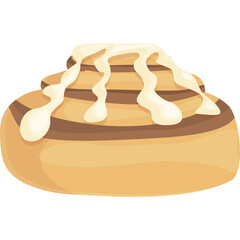 A sweet cinnamon roll pastry topped with creamy white icing in a cartoon illustration style on a transparent background