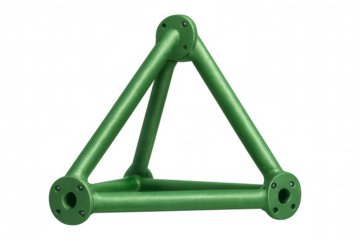 Green metal truss structure forming a triangular pyramid with connection flanges, engineering component on transparent background