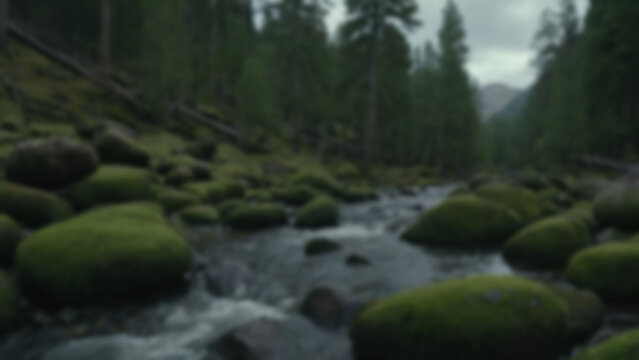 background blurred A mountain stream cutting through mossy rocks, pine trees on both sides, cloudy sky above, early evening, soft overcast light, 50mm, slow dolly following water, Classic Chrome sim. - Powered by Adobe