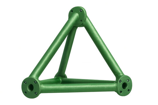 Green metal truss structure forming a triangular pyramid with connection flanges, engineering component on transparent background