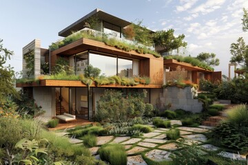 Drone view of green architectural complex with rooftop gardens, solar energy, and lush forest surroundings