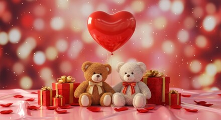 Romantic Teddy Bears with Heart Balloon and Gifts