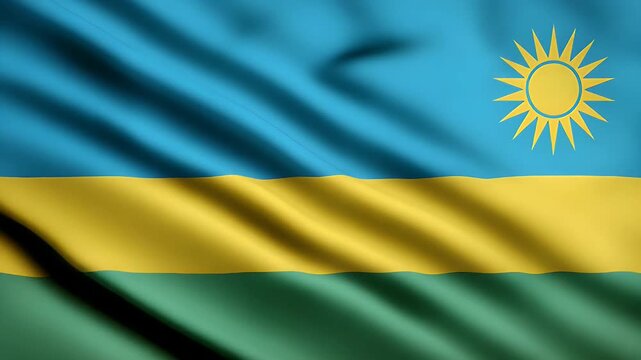 Dynamic Rwanda flag waving proudly on flagpole, symbol of nationhood and patriotism on a sunny day, promoting global unity and cultural identity - Powered by Adobe