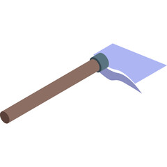 Isometric illustration of a hoe with a brown wooden handle and a blue blade on a white background