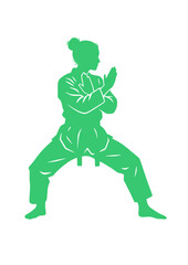 Female Taekwondo athlete in defensive stance ready to fight.