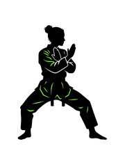 Female Taekwondo athlete in defensive stance ready to fight.