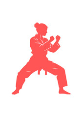 Female Taekwondo athlete in defensive stance ready to fight.