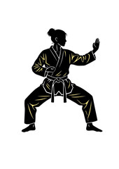 Female Taekwondo athlete in defensive stance ready to fight.