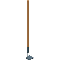 Isometric hoe with wooden handle and metal blade on a transparent background representing gardening tools and agricultural equipment