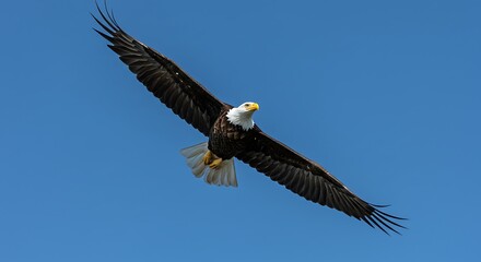 Fototapeta premium Soaring bald eagle against blue sky majestic bird in flight