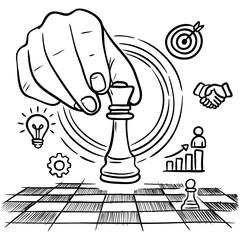 Creative hand drawn illustration showing a hand moving a chess piece symbolizing business strategy, planning, leadership, and decision making.
