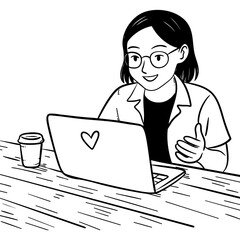 Woman Working on Laptop with Coffee Cup, Doodle Line Art Illustration