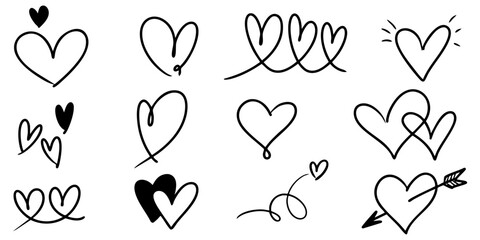 Set of Heart line art , Doodle sketch style of hearts icon vector illustration for concept design.