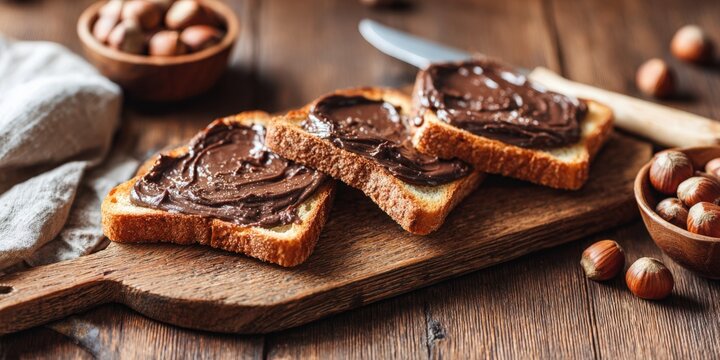 Sliced Bread with Chocolate Spread and Hazelnuts on Wooden Board