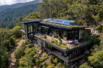 Drone view of green architectural complex with rooftop gardens, solar energy, and lush forest surroundings