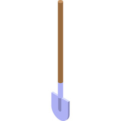 Isometric illustration of a light purple shovel with a brown wooden handle on a transparent white background representing a garden tool for digging and excavation work