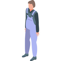 Isometric illustration of a male mechanic wearing light blue overalls and a dark shirt standing against a white background with a subtle pixelated style