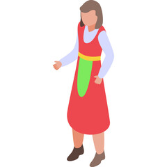Isometric Illustration Of A Person Wearing A Red Dress With Green Apron And Yellow Belt Standing Against A White Background With Transparent Elements