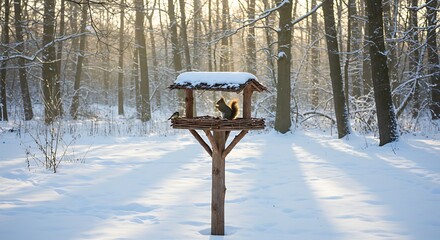Naklejka premium Squirrel and bird at winter birdhouse in snowy forest scene
