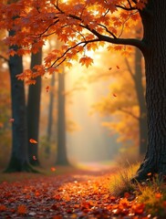  Autumn leaves falling in sunlight.