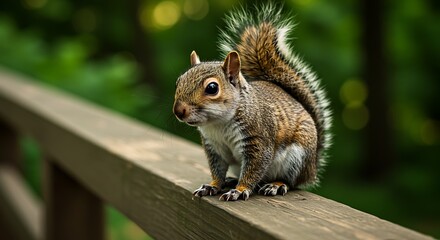 Squirrel perched on wooden railing with blurred background