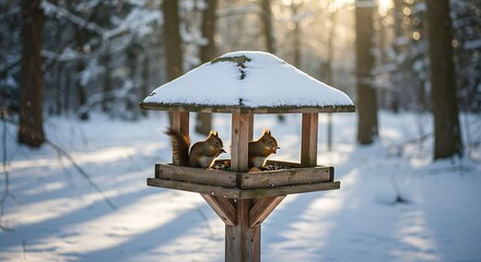 Squirrels in winter wooden bird feeder amidst snowy forest scenery