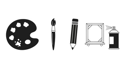A versatile collection of flat black silhouette vector icons representing essential art and creative tools, such as a paint palette, brush, pencil, canvas, and spray can for design projects