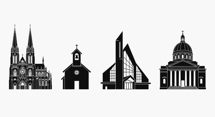 Black and White Vector Icon Set Featuring Diverse Architectural Styles of Churches and Historic Public Buildings, Ideal for Cityscape, Travel, or Religious-Themed Designs