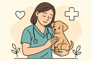 Caring veterinarian gently holds a small puppy