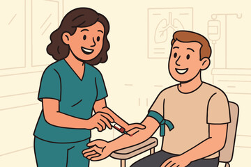 Nurse administering blood draw to smiling patient