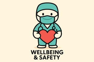Cute cartoon doctor holding a red heart with wellbeing and safety text