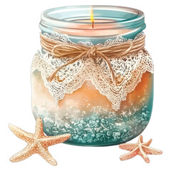 Watercolor Coastal Candle Jar: Rustic Seaside Lantern with Starfish Clipart
