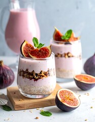 Close-up shot of layered dessert with fresh fruit, granola, and drink on a light surface