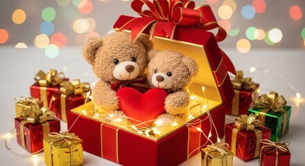 Festive Surprise: Two Teddy Bears with Heart in Glowing Red Gift Box