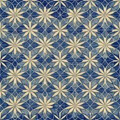 Seamless vintage blue and gold floral star pattern with a distressed geometric diamond lattice Traditional antique
