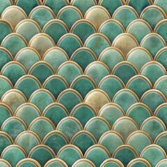 Fototapeta premium Seamless pattern of shimmering teal green scallop tiles featuring elegant golden outlines and varied textures